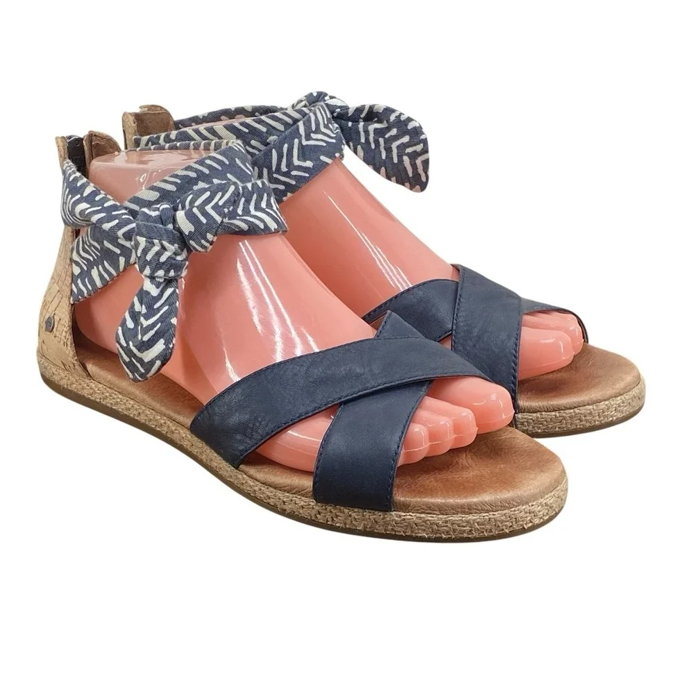 UGG Idina Cork Wedge Leather Ankle Wrap Sandals Blue Women's Size 8
